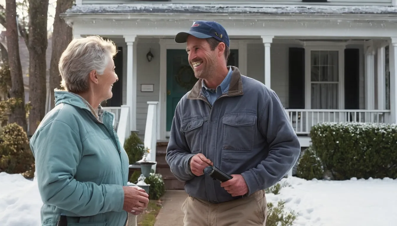 A friendly provider talking with a homeowner at the front door of a house in Tinton Falls
