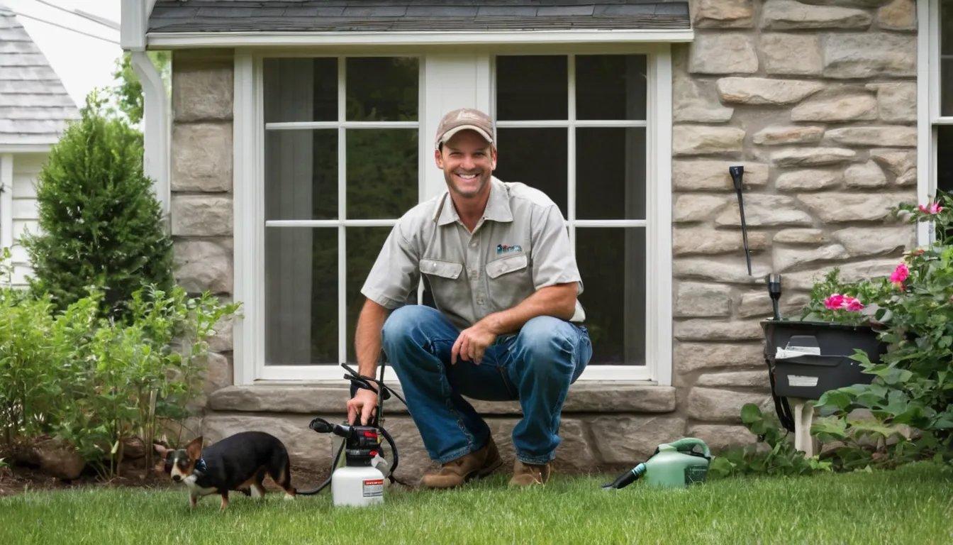 A friendly local pest control provider explaining a home treatment plan to a homeowner at a kitchen doorway in Tinton Falls